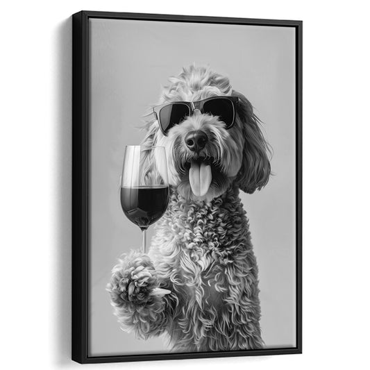 Goldendoodle Holding Red Wine Framed Canvas Print Wall Art, Black and White, Dog Gift, Bar Cart Print, Kitchen Wall Decor