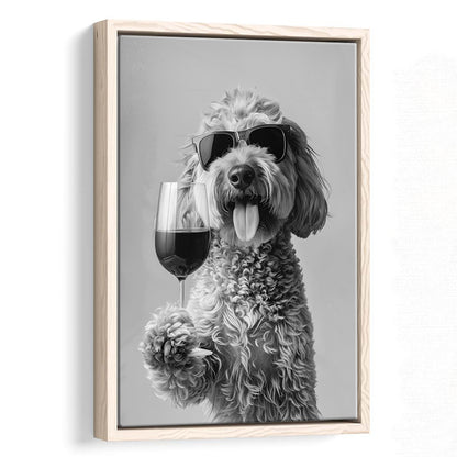 Goldendoodle Holding Red Wine Framed Canvas Print Wall Art, Black and White, Dog Gift, Bar Cart Print, Kitchen Wall Decor