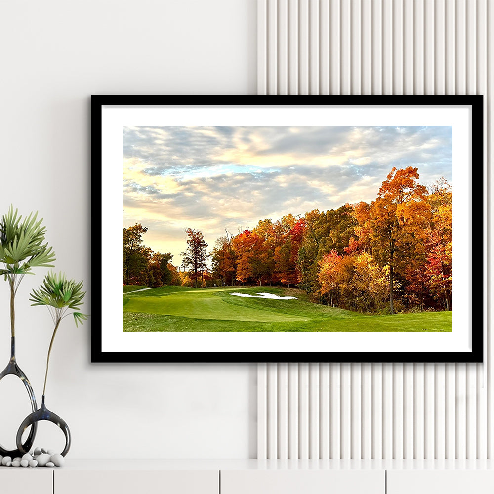 Golf Course In The Fall With Foliage, Goft Art Print, Framed Art Print White Border Wall Decor