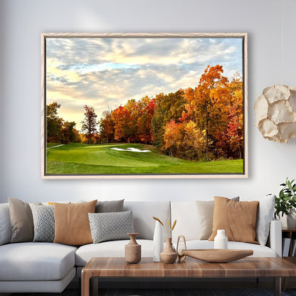 Golf Course In The Fall With Foliage, Floating Framed Canvas Print Wall Art