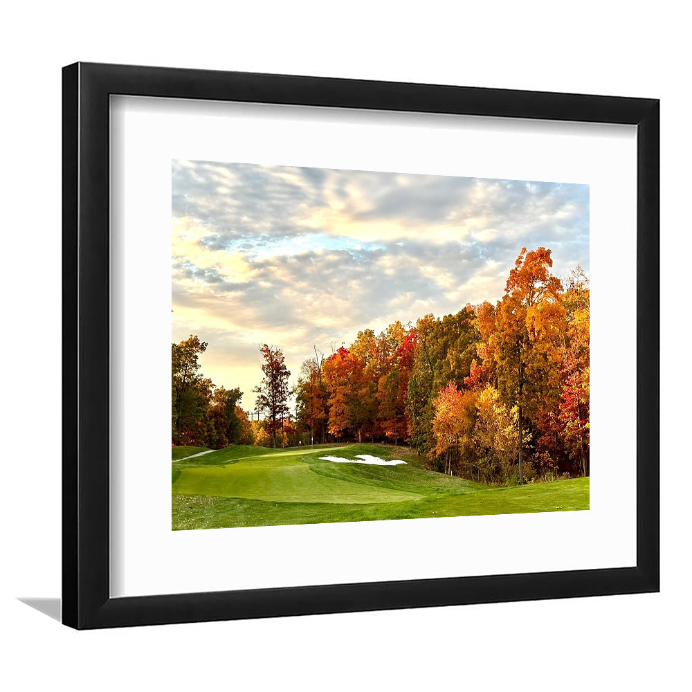 Golf Course In The Fall With Foliage, Goft Art Print, Framed Art Print White Border Wall Decor