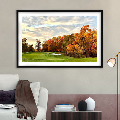 Golf Course In The Fall With Foliage, Goft Art Print, Framed Art Print White Border Wall Decor