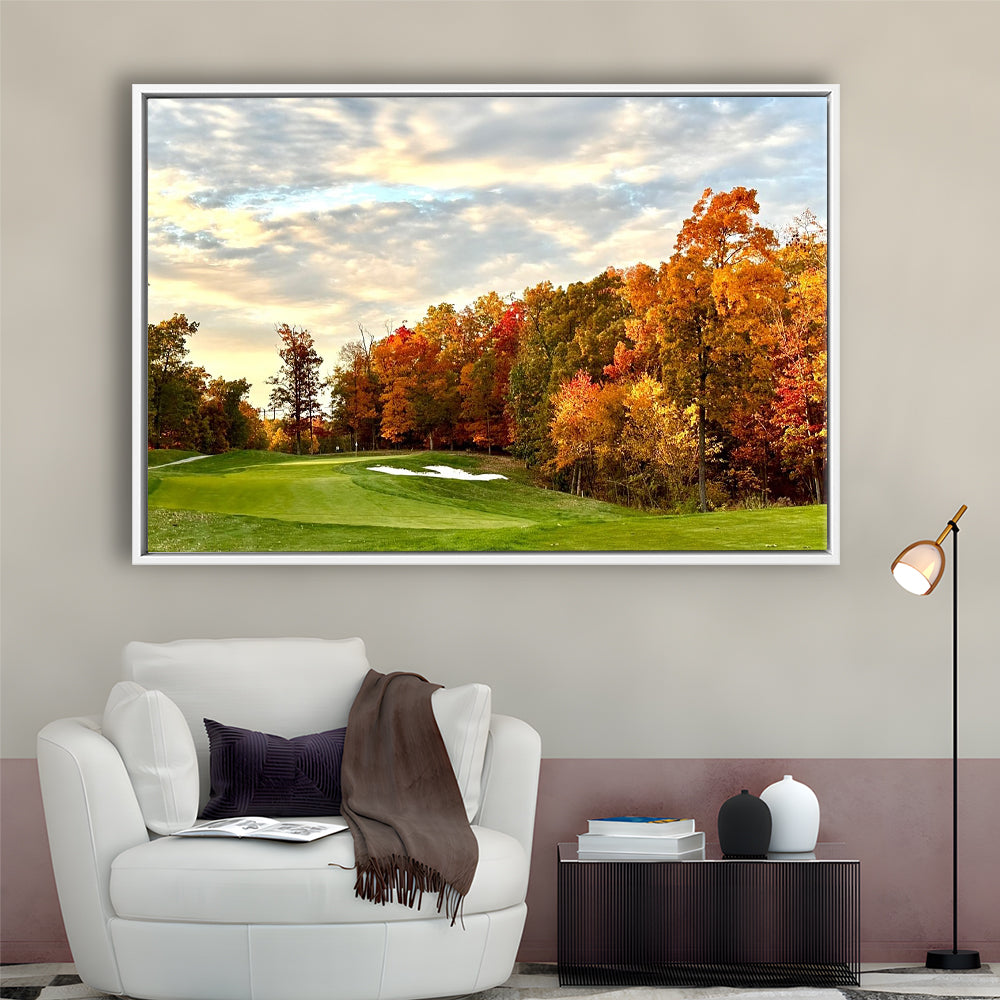 Golf Course In The Fall With Foliage, Floating Framed Canvas Print Wall Art