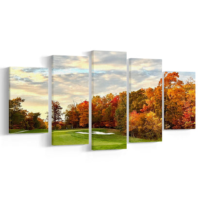 Golf Course In The Fall With Foliage, Golf Art Print, 5 Pieces Mixed Canvas Print Wall Art