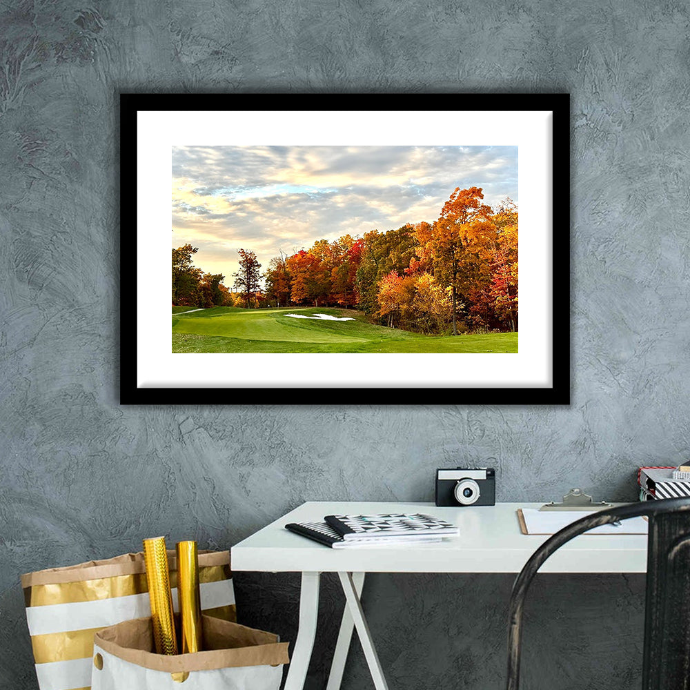 Golf Course In The Fall With Foliage, Goft Art Print, Framed Art Print White Border Wall Decor