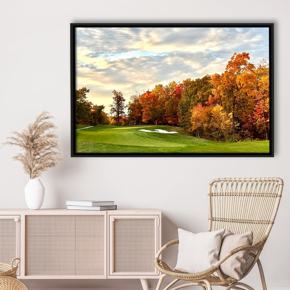 Golf Course In The Fall With Foliage, Floating Framed Canvas Print Wall Art
