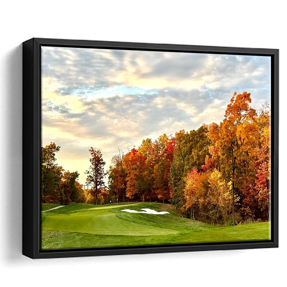 Golf Course In The Fall With Foliage, Floating Framed Canvas Print Wall Art