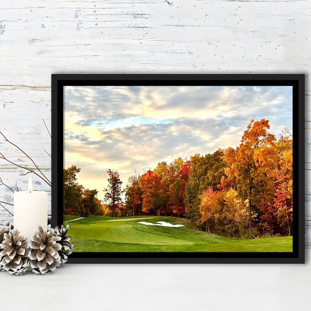 Golf Course In The Fall With Foliage, Floating Framed Canvas Print Wall Art