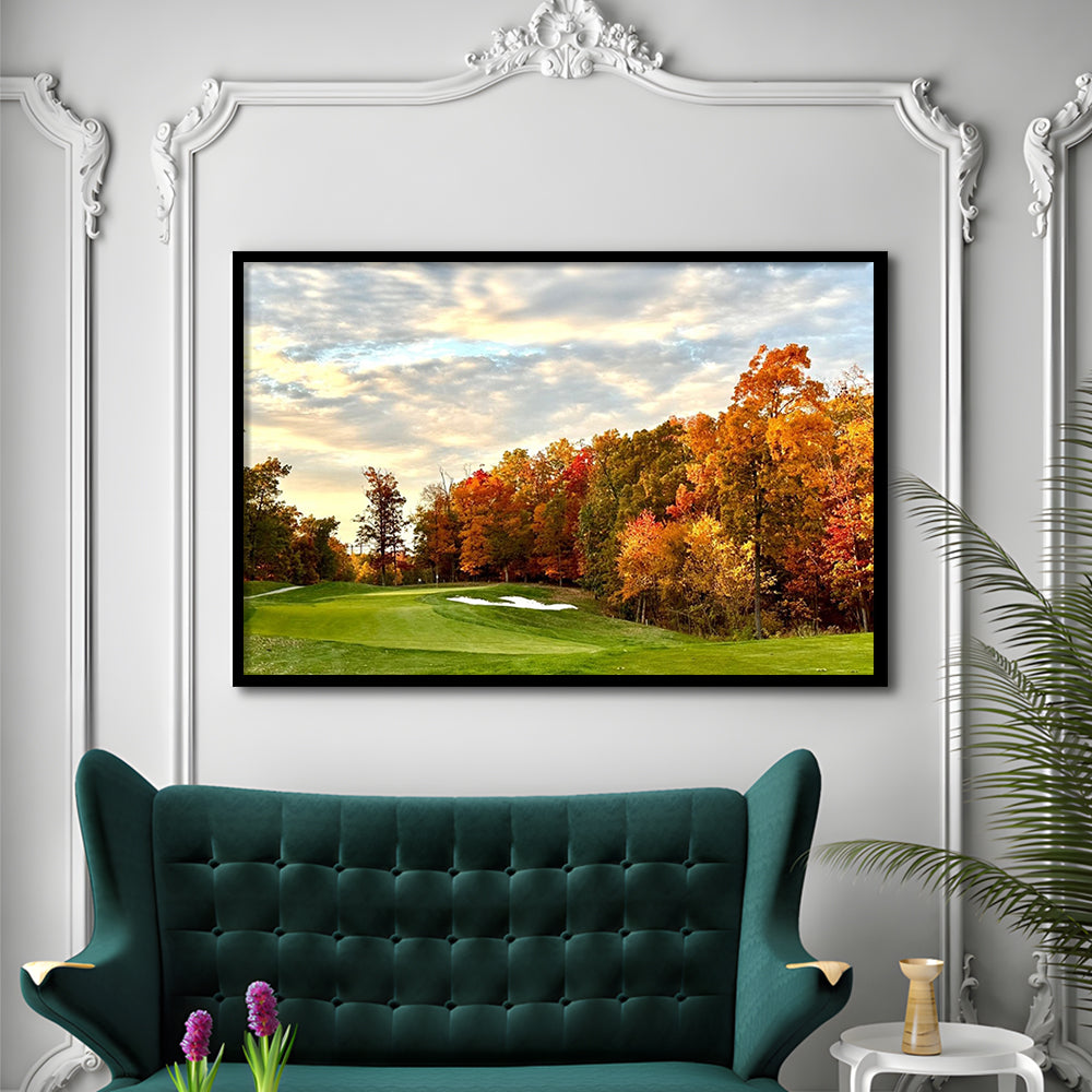 Golf Course In The Fall With Foliage, Framed Art Print Wall Decor, Picture Framed