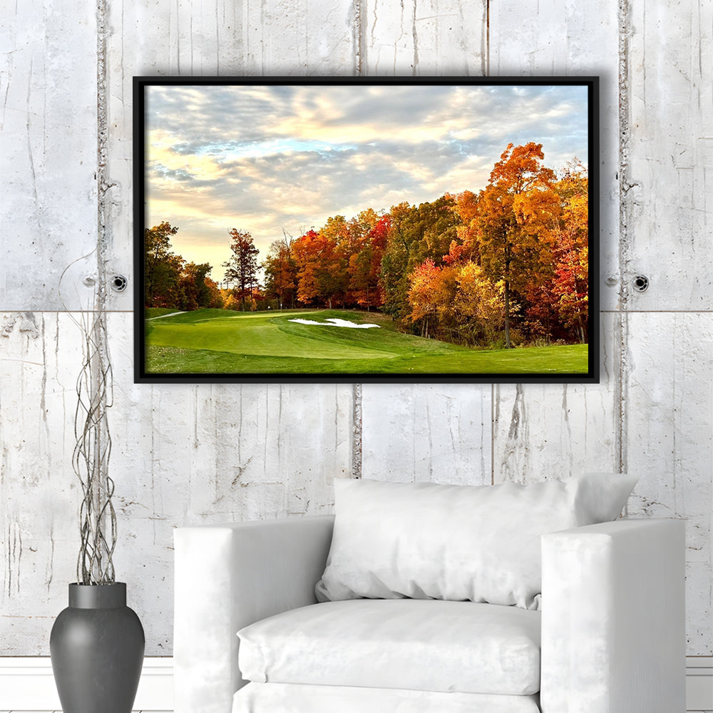 Golf Course In The Fall With Foliage, Floating Framed Canvas Print Wall Art