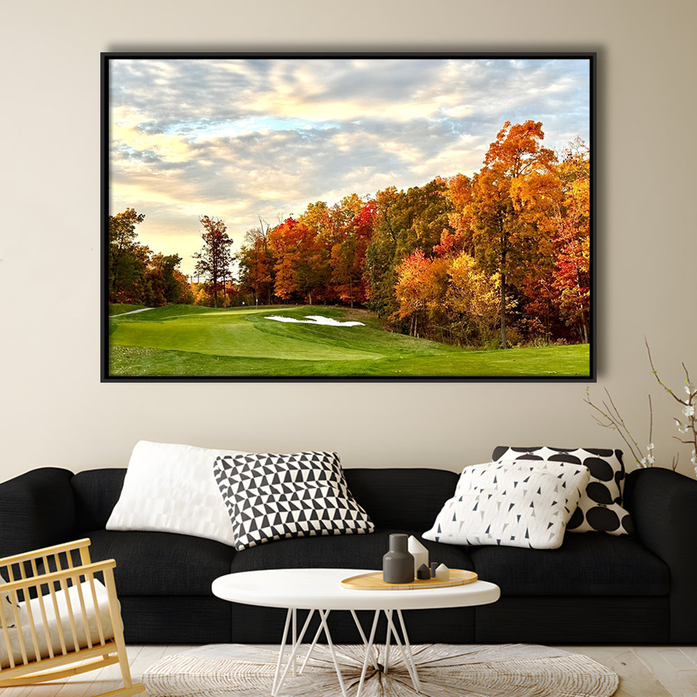 Golf Course In The Fall With Foliage, Floating Framed Canvas Print Wall Art