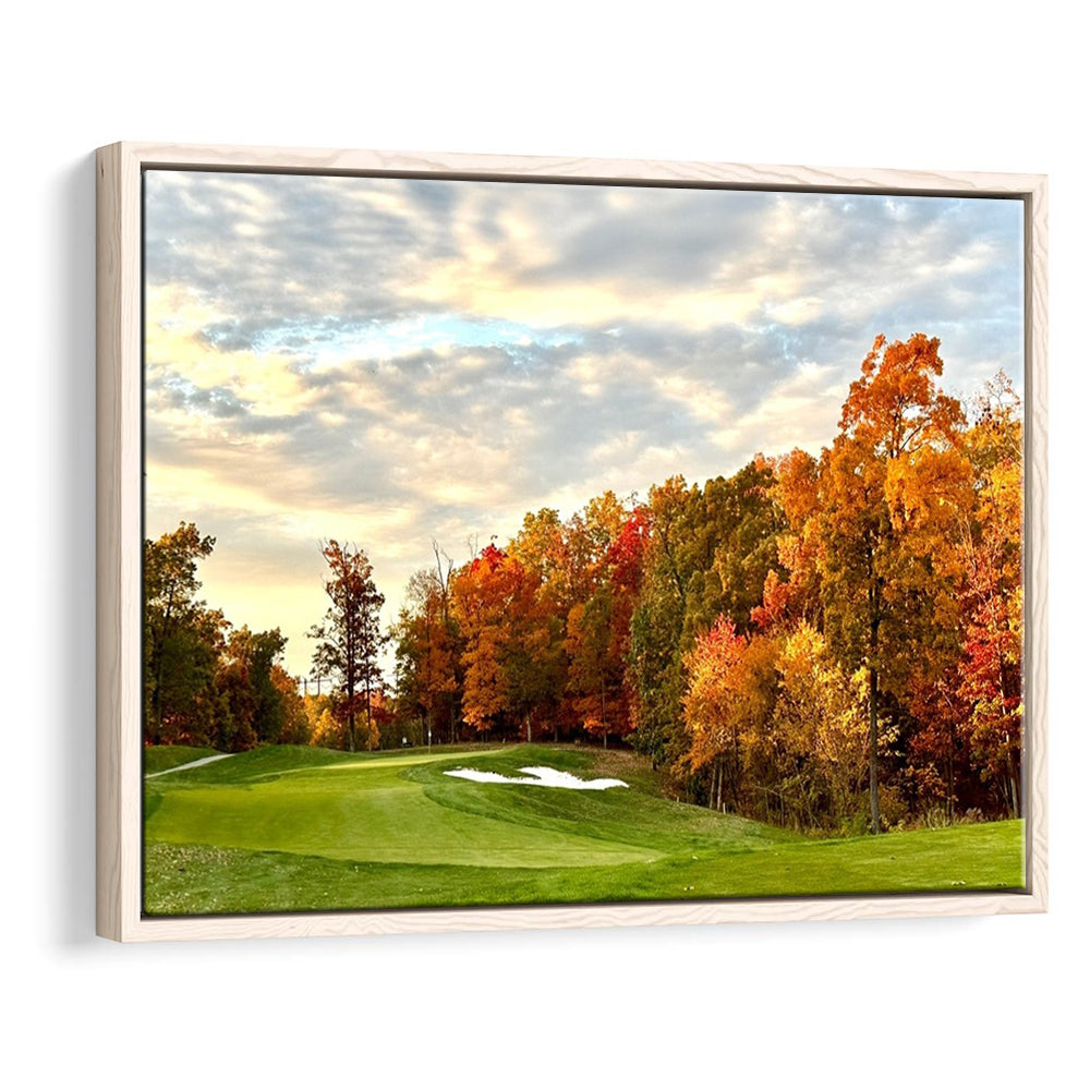 Golf Course In The Fall With Foliage, Floating Framed Canvas Print Wall Art
