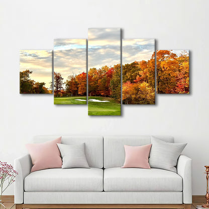Golf Course In The Fall With Foliage, Golf Art Print, 5 Pieces Mixed Canvas Print Wall Art