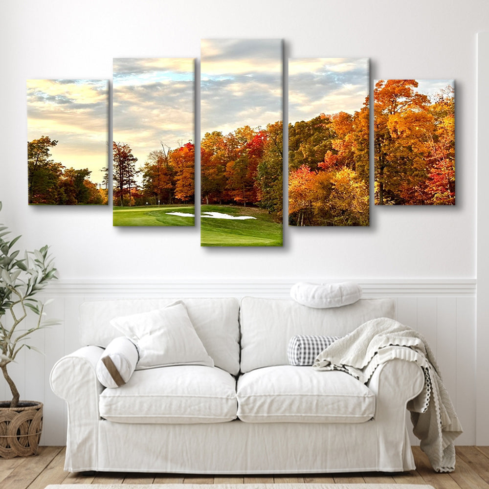 Golf Course In The Fall With Foliage, Golf Art Print, 5 Pieces Mixed Canvas Print Wall Art