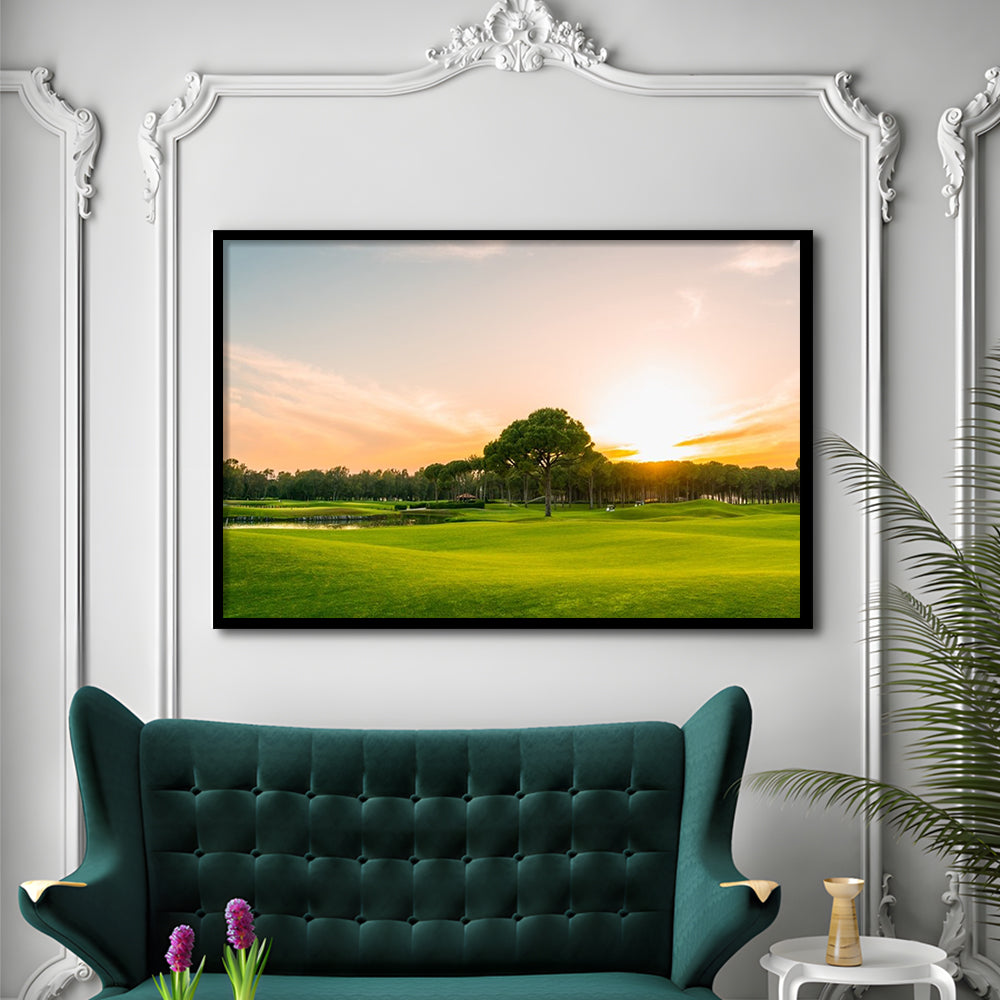Golf Course At Sunset With Beautiful Sky, Framed Art Print Wall Decor, Picture Framed