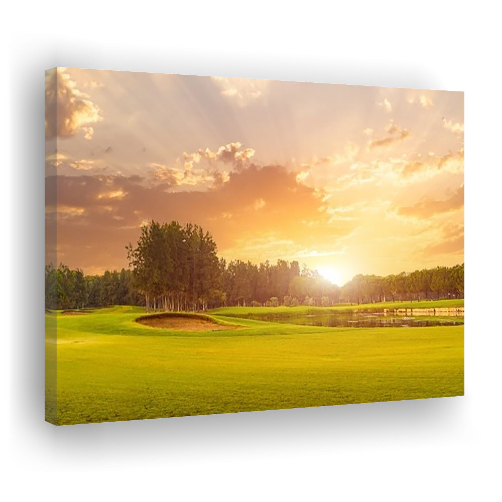 Golf Course At Sunset With Beautiful Sky And Sand Trap, Golf Art Print,Gifts Golf Lover