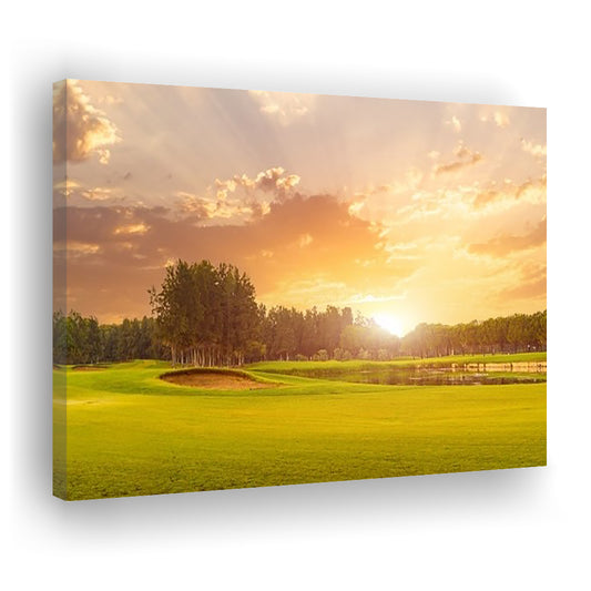 Golf Course At Sunset With Beautiful Sky And Sand Trap, Golf Art Print,Gifts Golf Lover