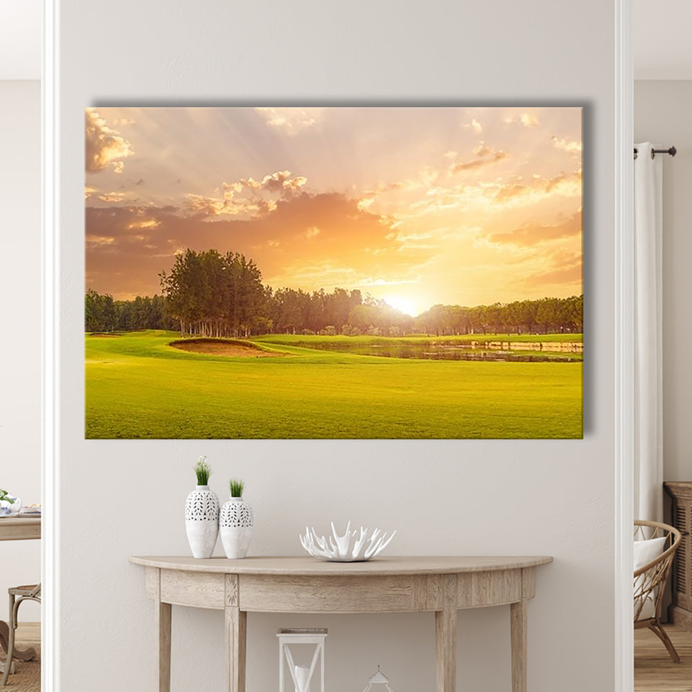 Golf Course At Sunset With Beautiful Sky And Sand Trap, Golf Art Print,Gifts Golf Lover
