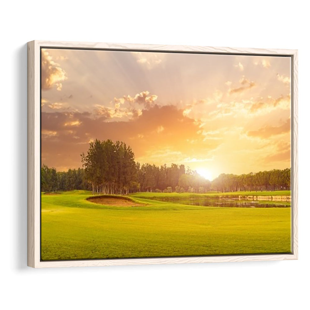 Golf Course At Sunset With Beautiful Sky And Sand Trap, Floating Framed Canvas Print Wall Art
