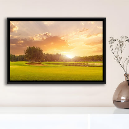 Golf Course At Sunset With Beautiful Sky And Sand Trap, Floating Framed Canvas Print Wall Art