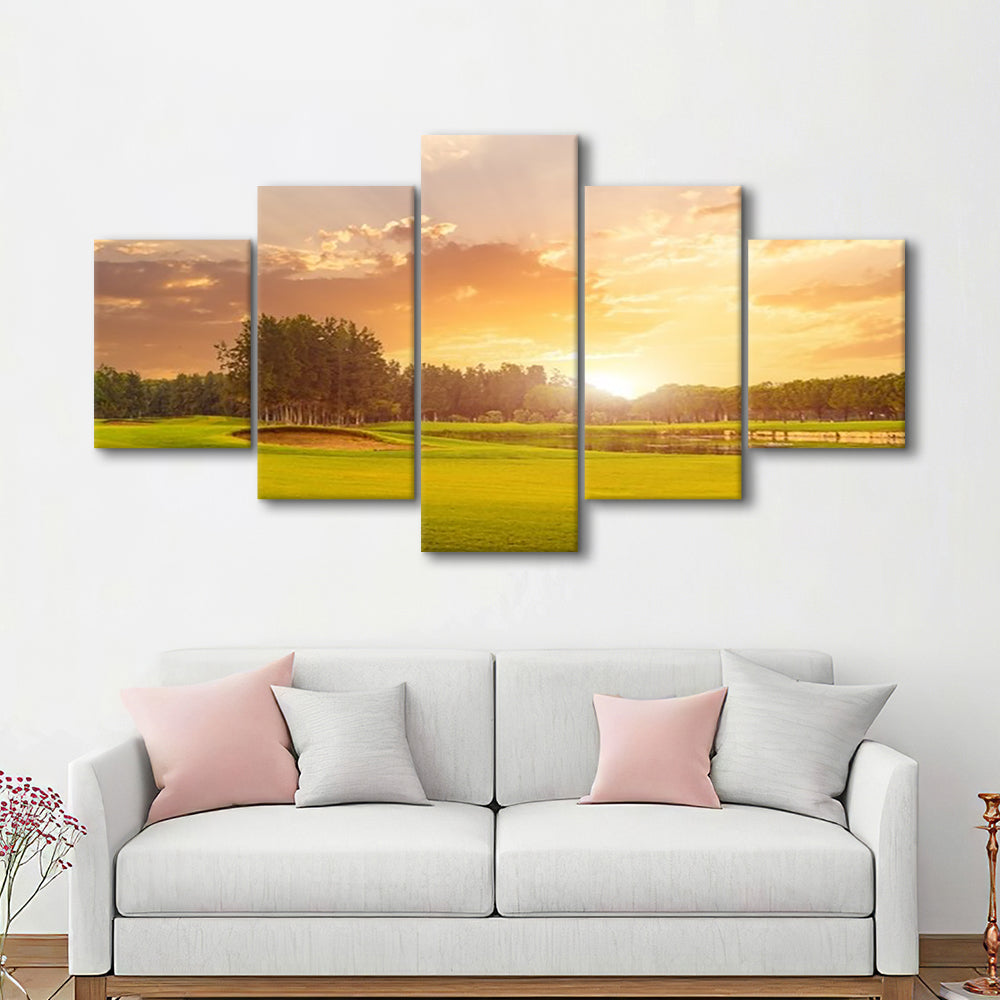 Golf Course At Sunset With Beautiful Sky And Sand Trap, Golf Art Print, 5 Pieces Mixed Canvas Print Wall Art
