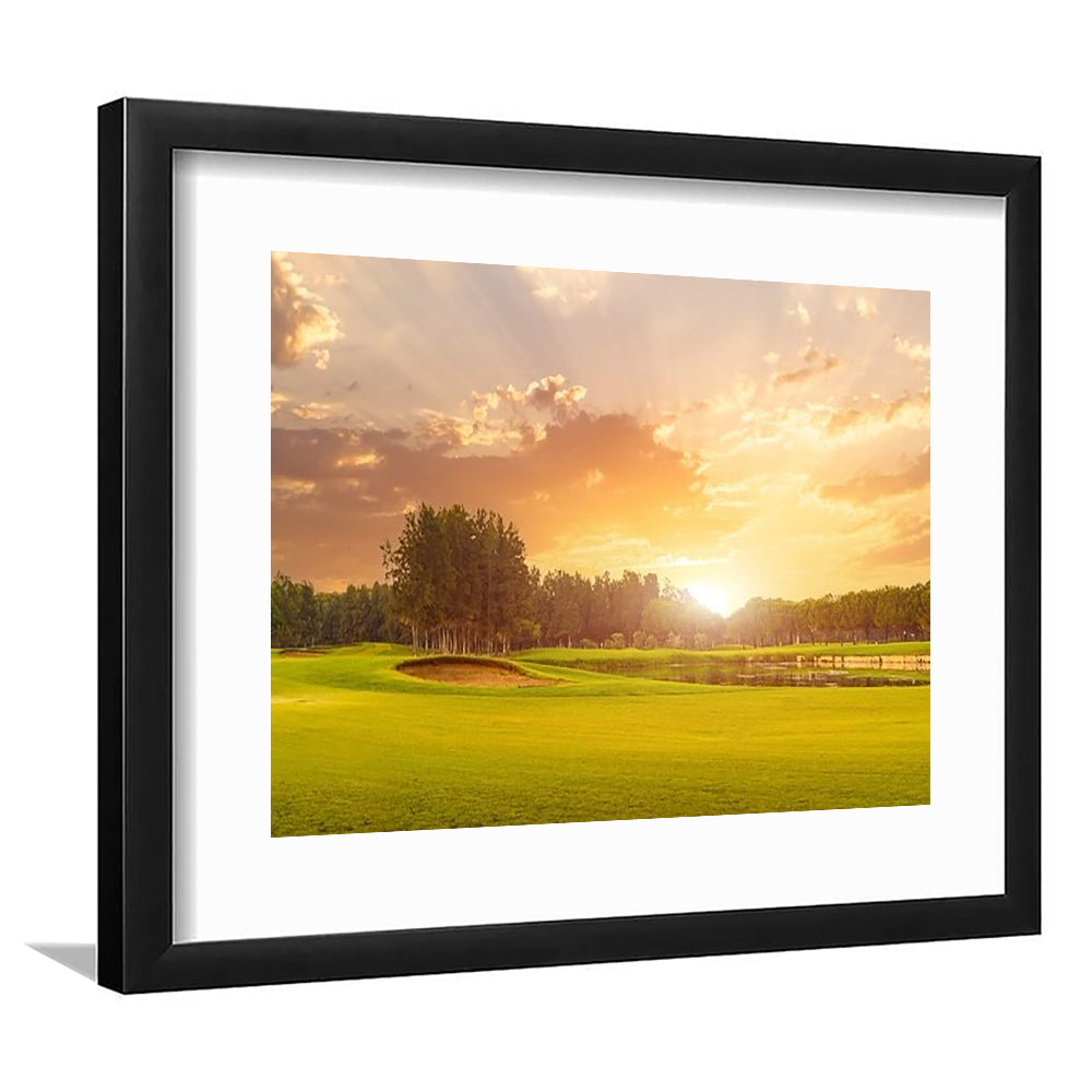 Golf Course At Sunset With Beautiful Sky And Sand Trap, Goft Art Print, Framed Art Print White Border Wall Decor