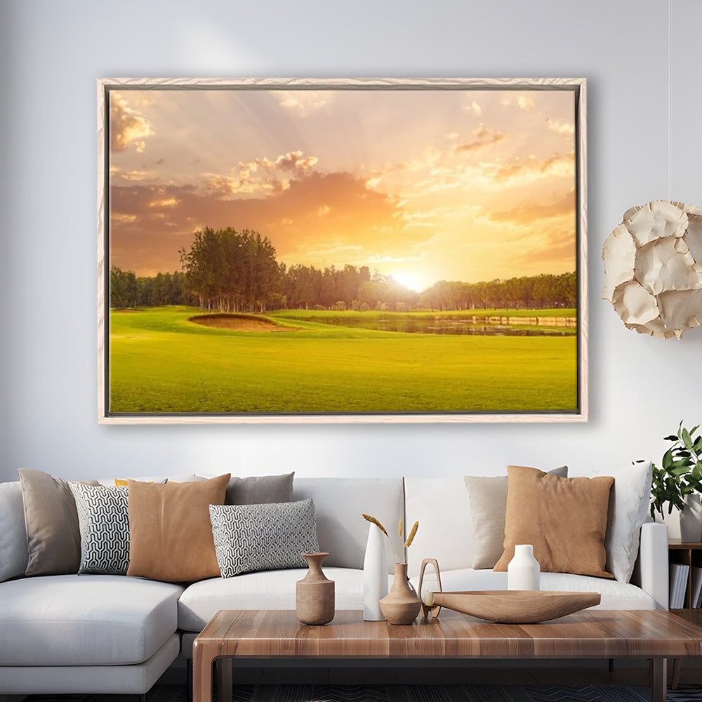 Golf Course At Sunset With Beautiful Sky And Sand Trap, Floating Framed Canvas Print Wall Art