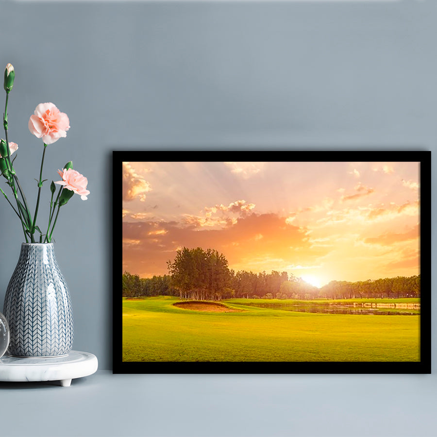 Golf Course At Sunset With Beautiful Sky And Sand Trap, Framed Art Print Wall Decor, Picture Framed