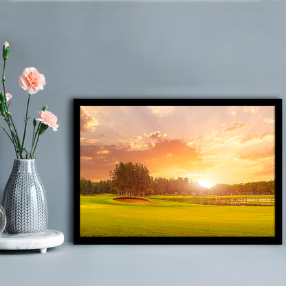 Golf Course At Sunset With Beautiful Sky And Sand Trap, Framed Art Print Wall Decor, Picture Framed