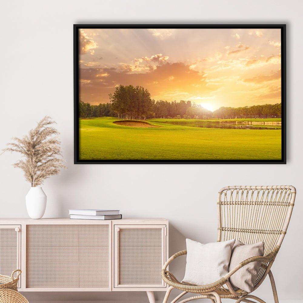 Golf Course At Sunset With Beautiful Sky And Sand Trap, Floating Framed Canvas Print Wall Art