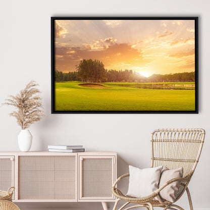 Golf Course At Sunset With Beautiful Sky And Sand Trap, Floating Framed Canvas Print Wall Art