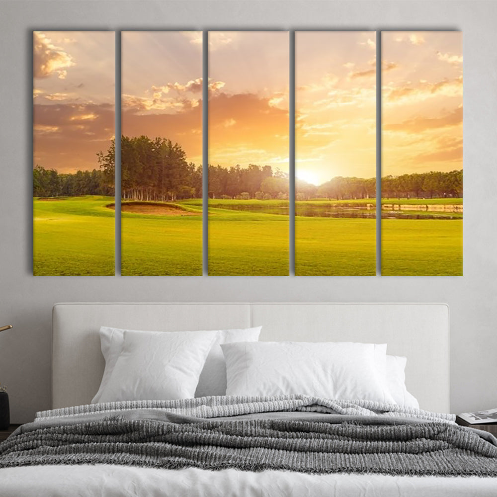 Golf Course At Sunset With Beautiful Sky And Sand Trap, Golf Art Print, Extra Large Canvas Print Wall Art