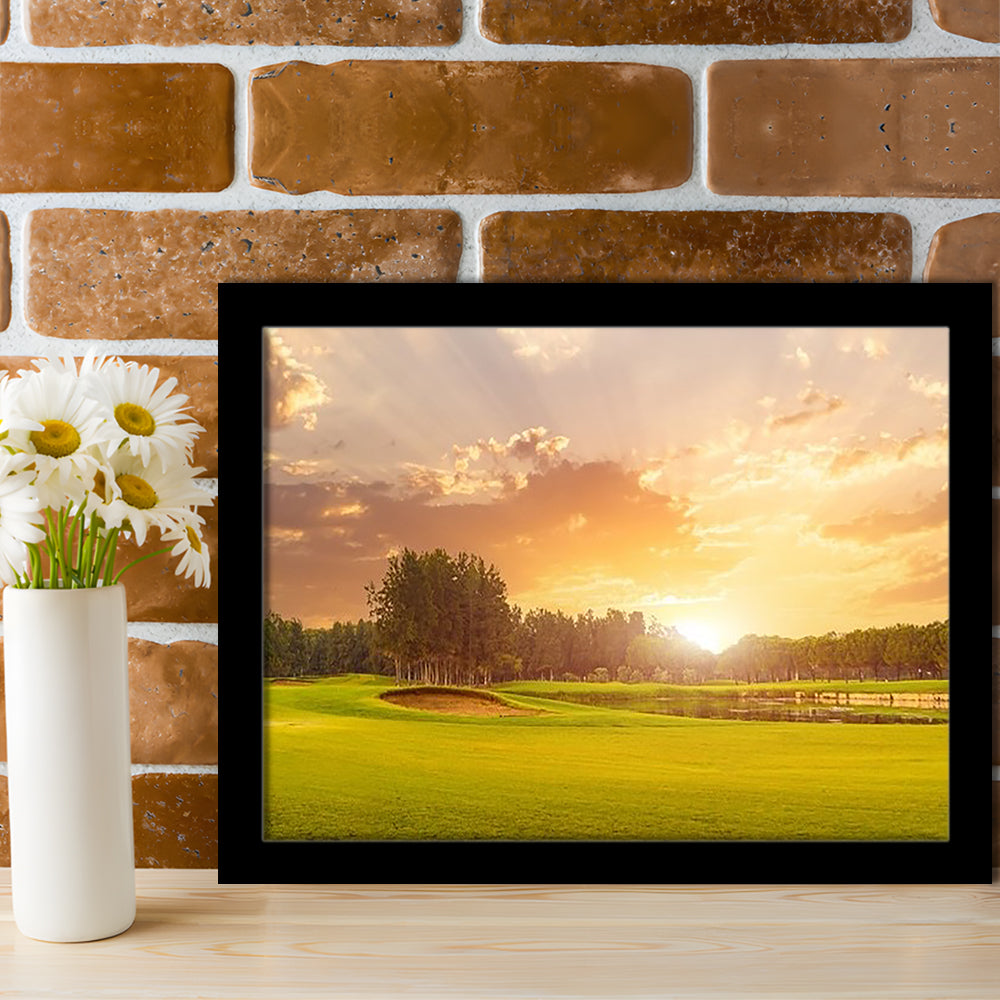 Golf Course At Sunset With Beautiful Sky And Sand Trap, Framed Art Print Wall Decor, Picture Framed