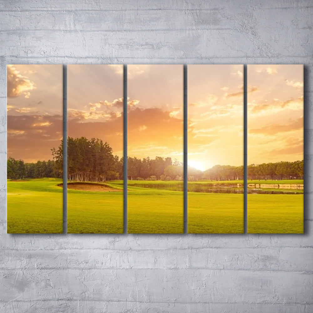 Golf Course At Sunset With Beautiful Sky And Sand Trap, Golf Art Print, Extra Large Canvas Print Wall Art