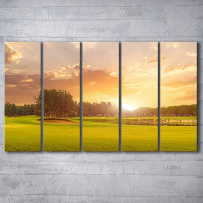 Golf Course At Sunset With Beautiful Sky And Sand Trap, Golf Art Print, Extra Large Canvas Print Wall Art