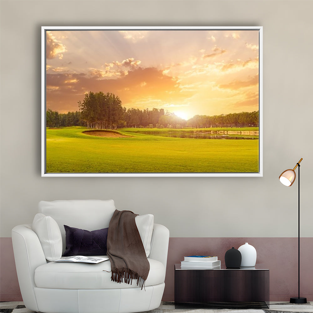 Golf Course At Sunset With Beautiful Sky And Sand Trap, Floating Framed Canvas Print Wall Art