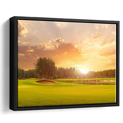 Golf Course At Sunset With Beautiful Sky And Sand Trap, Floating Framed Canvas Print Wall Art