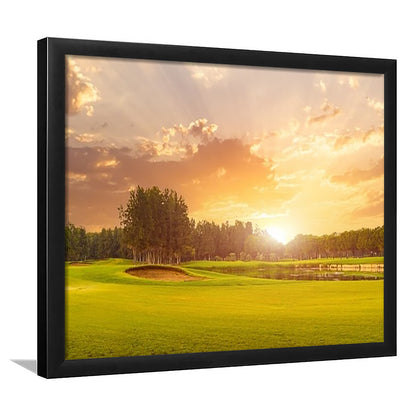 Golf Course At Sunset With Beautiful Sky And Sand Trap, Framed Art Print Wall Decor, Picture Framed