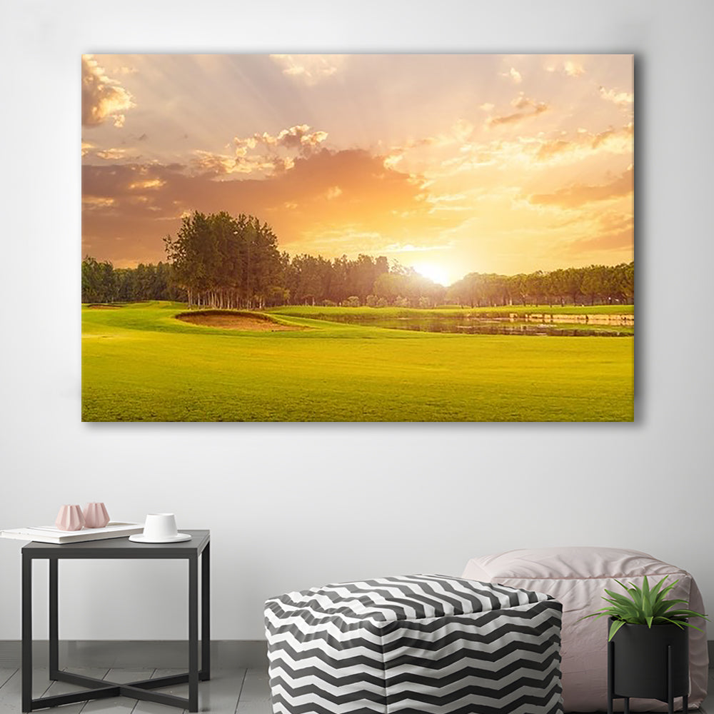 Golf Course At Sunset With Beautiful Sky And Sand Trap, Golf Art Print,Gifts Golf Lover