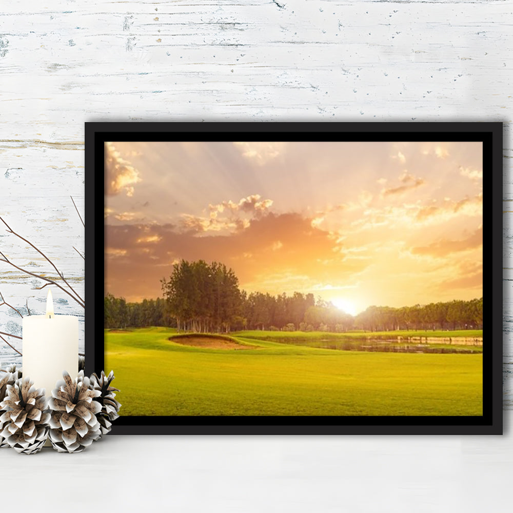 Golf Course At Sunset With Beautiful Sky And Sand Trap, Floating Framed Canvas Print Wall Art