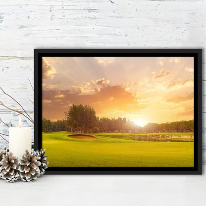 Golf Course At Sunset With Beautiful Sky And Sand Trap, Floating Framed Canvas Print Wall Art