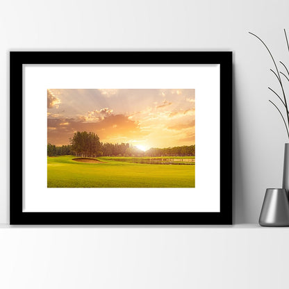 Golf Course At Sunset With Beautiful Sky And Sand Trap, Goft Art Print, Framed Art Print White Border Wall Decor