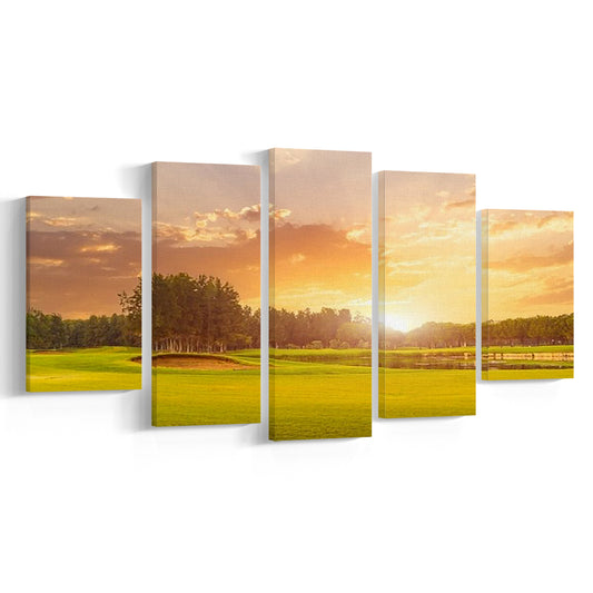 Golf Course At Sunset With Beautiful Sky And Sand Trap, Golf Art Print, 5 Pieces Mixed Canvas Print Wall Art