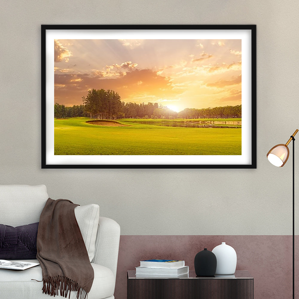 Golf Course At Sunset With Beautiful Sky And Sand Trap, Goft Art Print, Framed Art Print White Border Wall Decor
