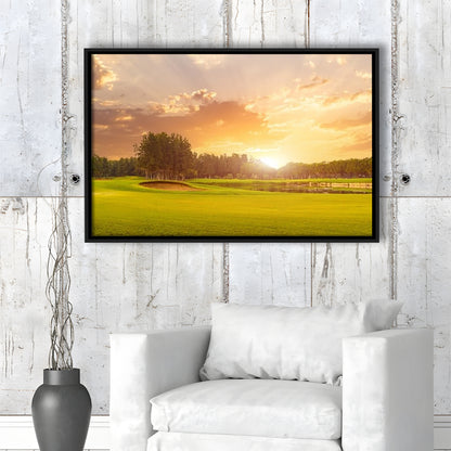 Golf Course At Sunset With Beautiful Sky And Sand Trap, Floating Framed Canvas Print Wall Art