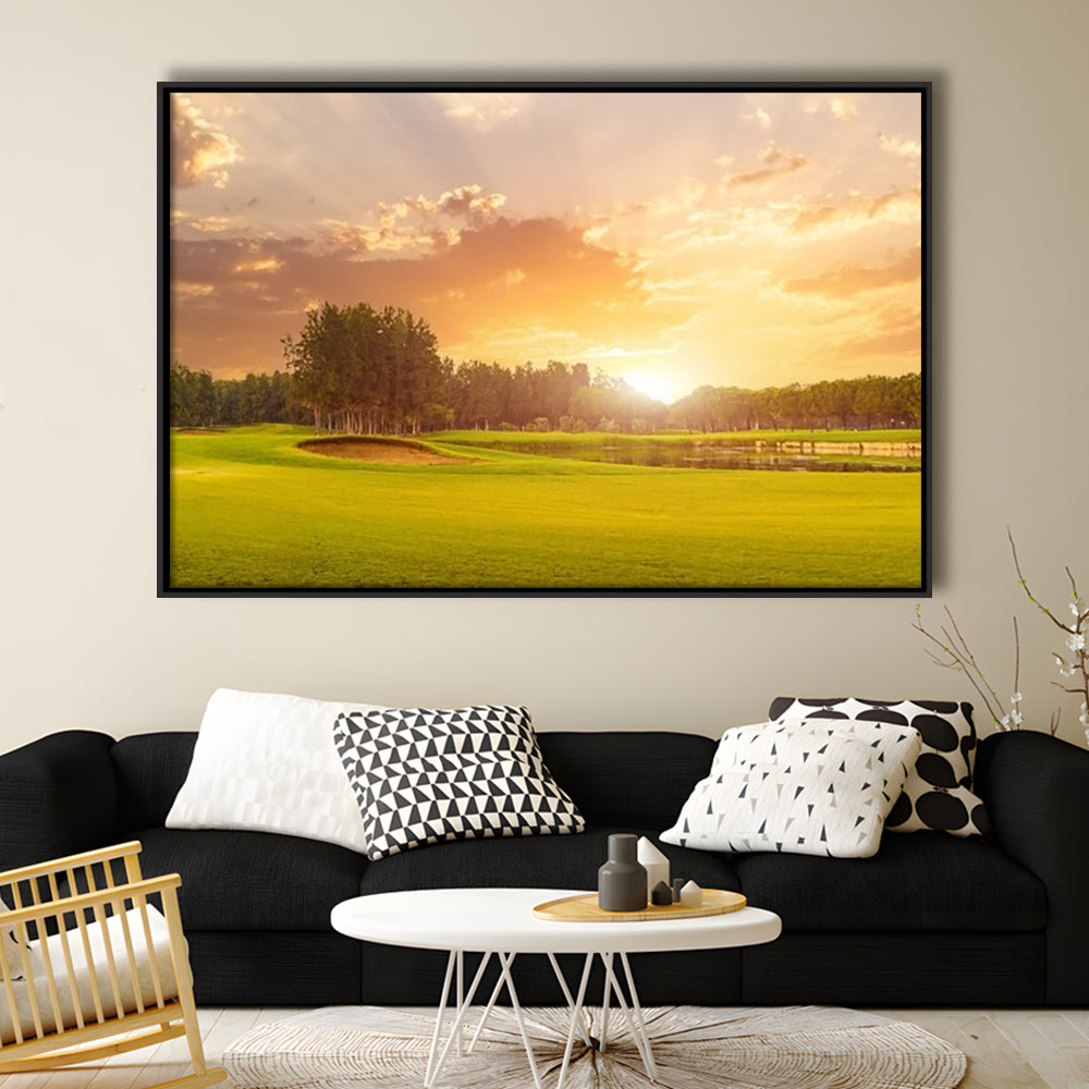 Golf Course At Sunset With Beautiful Sky And Sand Trap, Floating Framed Canvas Print Wall Art