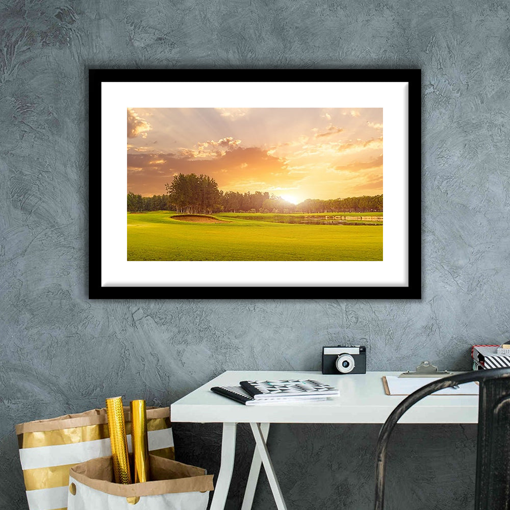 Golf Course At Sunset With Beautiful Sky And Sand Trap, Goft Art Print, Framed Art Print White Border Wall Decor
