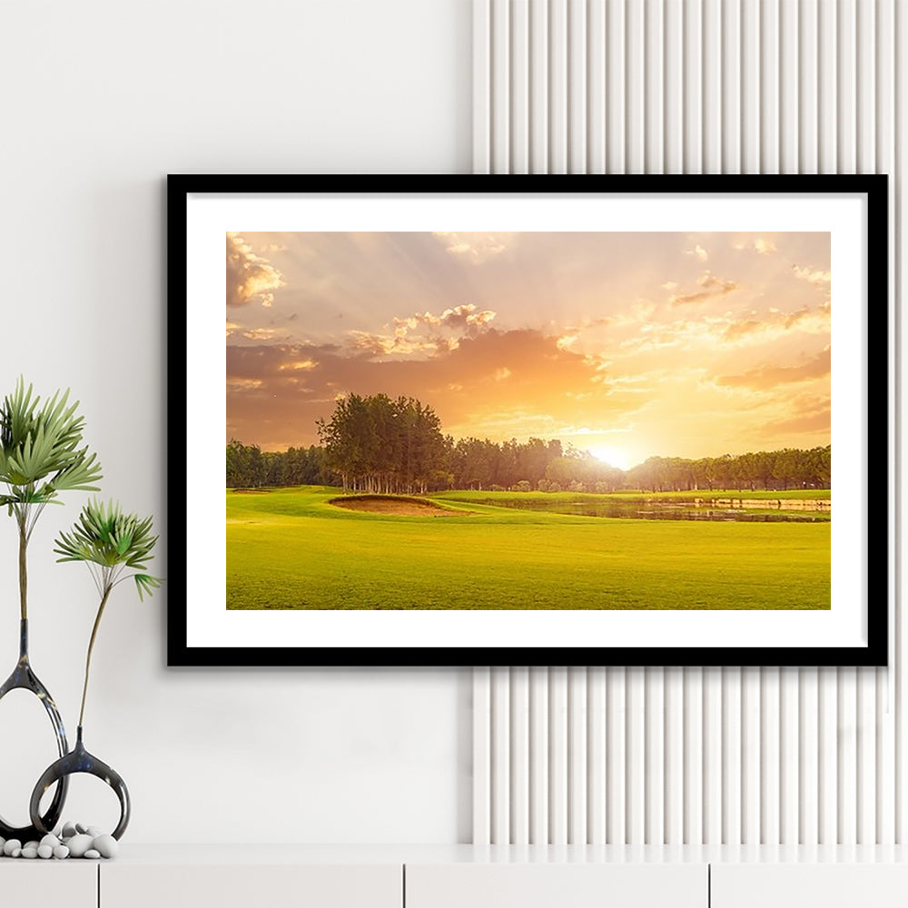 Golf Course At Sunset With Beautiful Sky And Sand Trap, Goft Art Print, Framed Art Print White Border Wall Decor