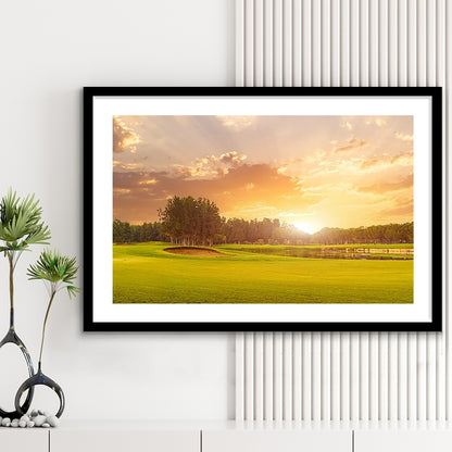 Golf Course At Sunset With Beautiful Sky And Sand Trap, Goft Art Print, Framed Art Print White Border Wall Decor