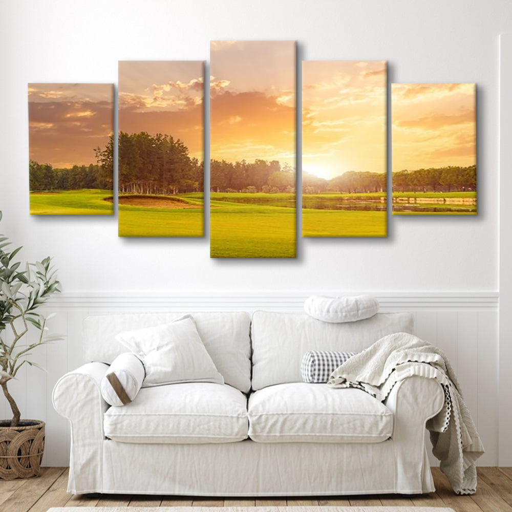 Golf Course At Sunset With Beautiful Sky And Sand Trap, Golf Art Print, 5 Pieces Mixed Canvas Print Wall Art